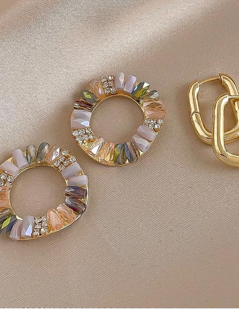 Anthropologie Gold Hoop Earrings with Pastel Crystal Wreath - Picture 2 of 5